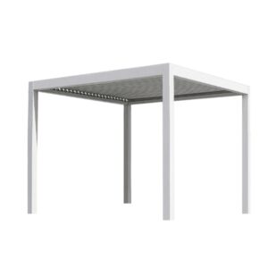 Pergola bioclimatica 3×4 m bianca in alluminio con lamelle in ferro orientabili e grondaia integrata, installata su terrazzo moderno.
