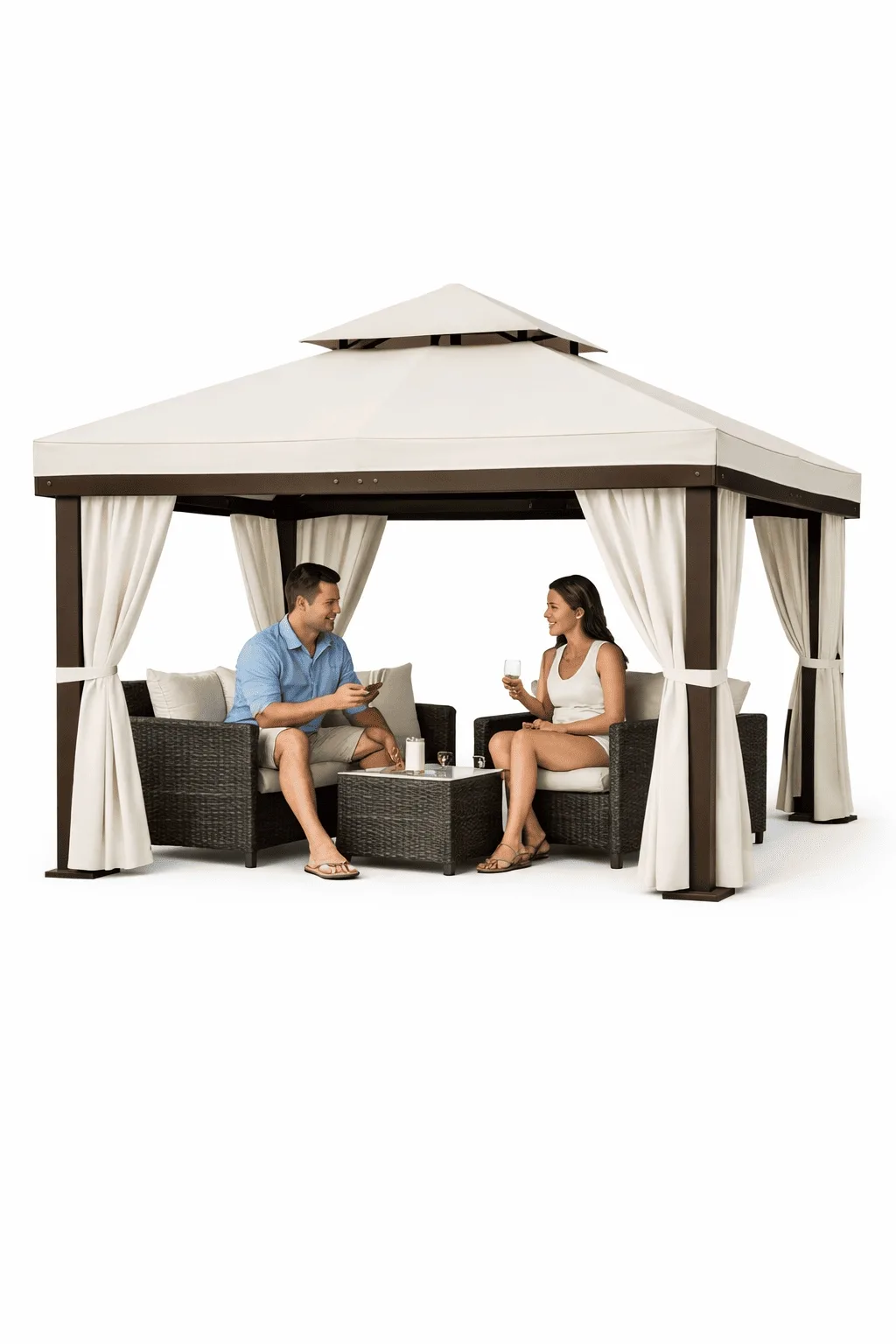 Gazebo da Giardino 3x3 m in Alluminio, Marrone con Teli Ecru, Doppio Airvent, 4 Teli Laterali, Impermeabile, Moderno - immagine 5