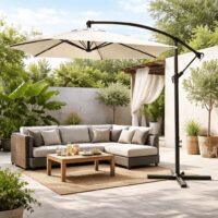 Ombrellone a Braccio Decentrato da Giardino, Diametro 3 m, Palo in Ferro Antracite, Telo in Poliestere 160 g Tortora, Apertura a Manovella, con Airvent - immagine 4