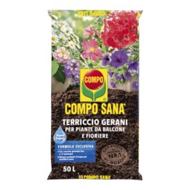 Sacco COMPO SANA Terriccio Gerani 50 L, terriccio professionale per gerani e piante da balcone.