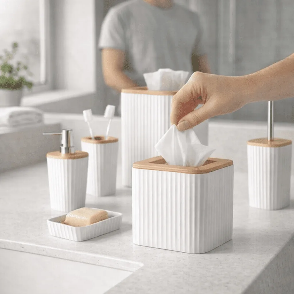 Feridas – Set Accessori Bagno 5 Pezzi Show in Plastica e Bamboo Bianco – Dispenser, Portascopino e Pattumiera 5L - immagine 3