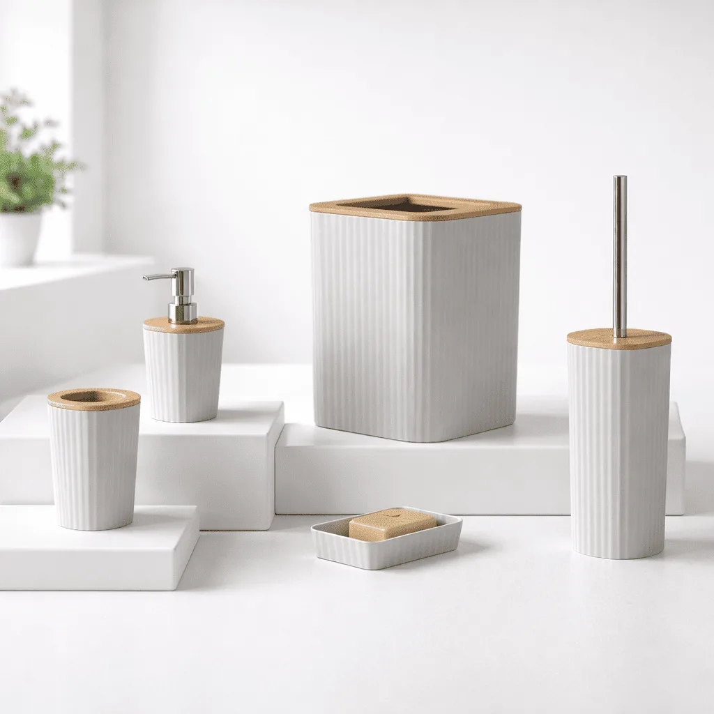 21282-jpg.webp Feridas – Set Accessori Bagno 5 Pezzi Show in Plastica e Bamboo Crema – Dispenser, Portascopino e Pattumiera 5L - immagine 1