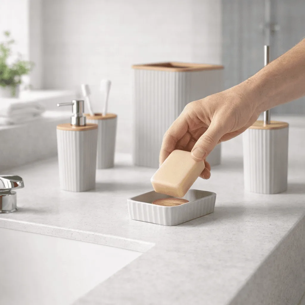 Feridas – Set Accessori Bagno 5 Pezzi Show in Plastica e Bamboo Crema – Dispenser, Portascopino e Pattumiera 5L - immagine 2