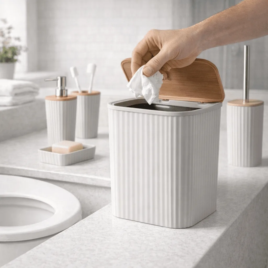 Feridas – Set Accessori Bagno 5 Pezzi Show in Plastica e Bamboo Crema – Dispenser, Portascopino e Pattumiera 5L - immagine 5