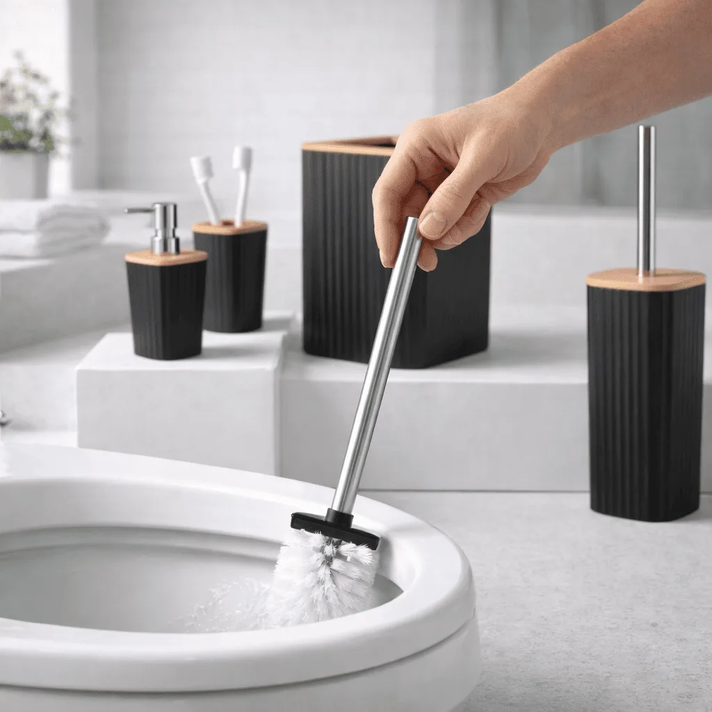 Set Accessori Bagno 5 Pezzi in Plastica e Bambù, Nero, Moderno, Include Dispenser Sapone, Portascopino e Pattumiera 5L - immagine 2