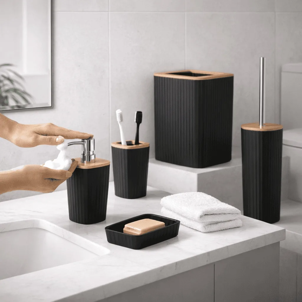 Set Accessori Bagno 5 Pezzi in Plastica e Bambù, Nero, Moderno, Include Dispenser Sapone, Portascopino e Pattumiera 5L - immagine 3