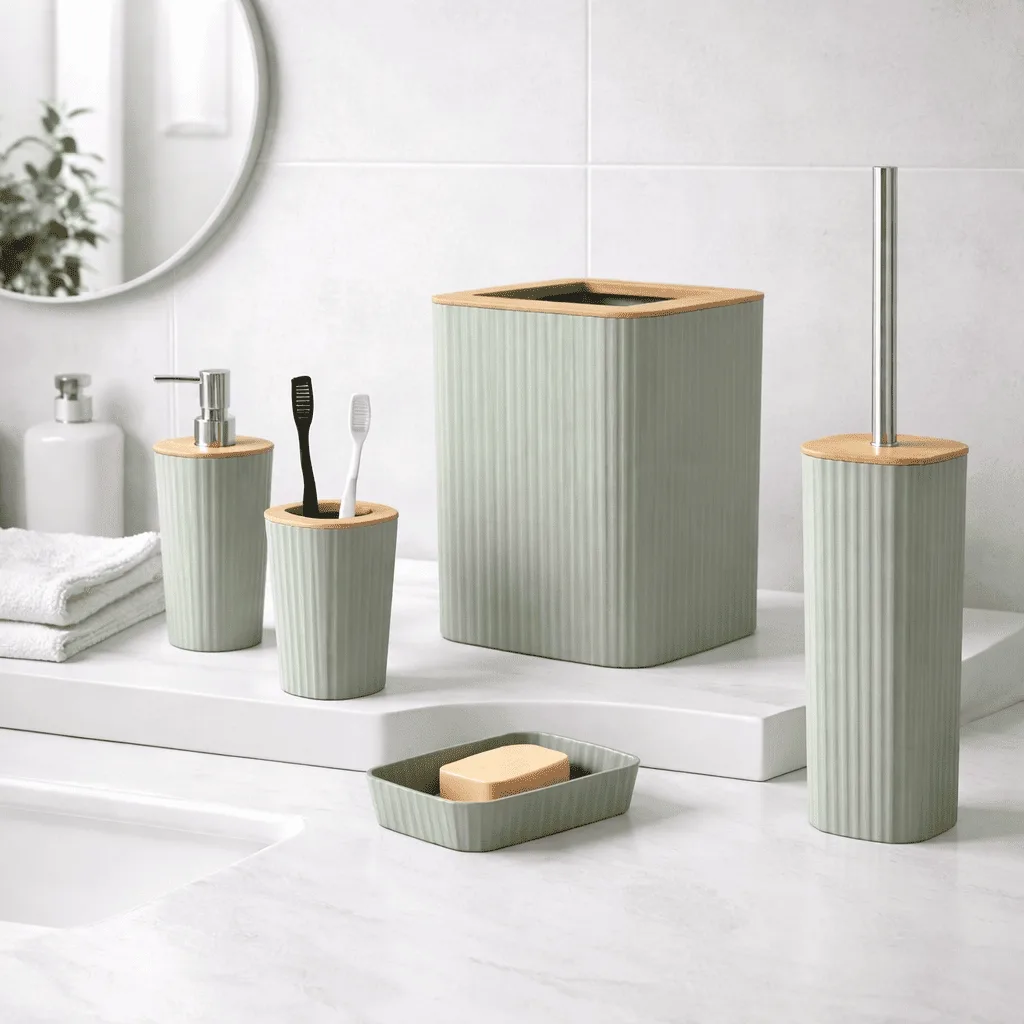 set-accessori-bagno-verde-bambu-5-pezzi.jpg Set di 5 accessori per bagno dal design moderno in plastica verde con inserti in bambù naturale.