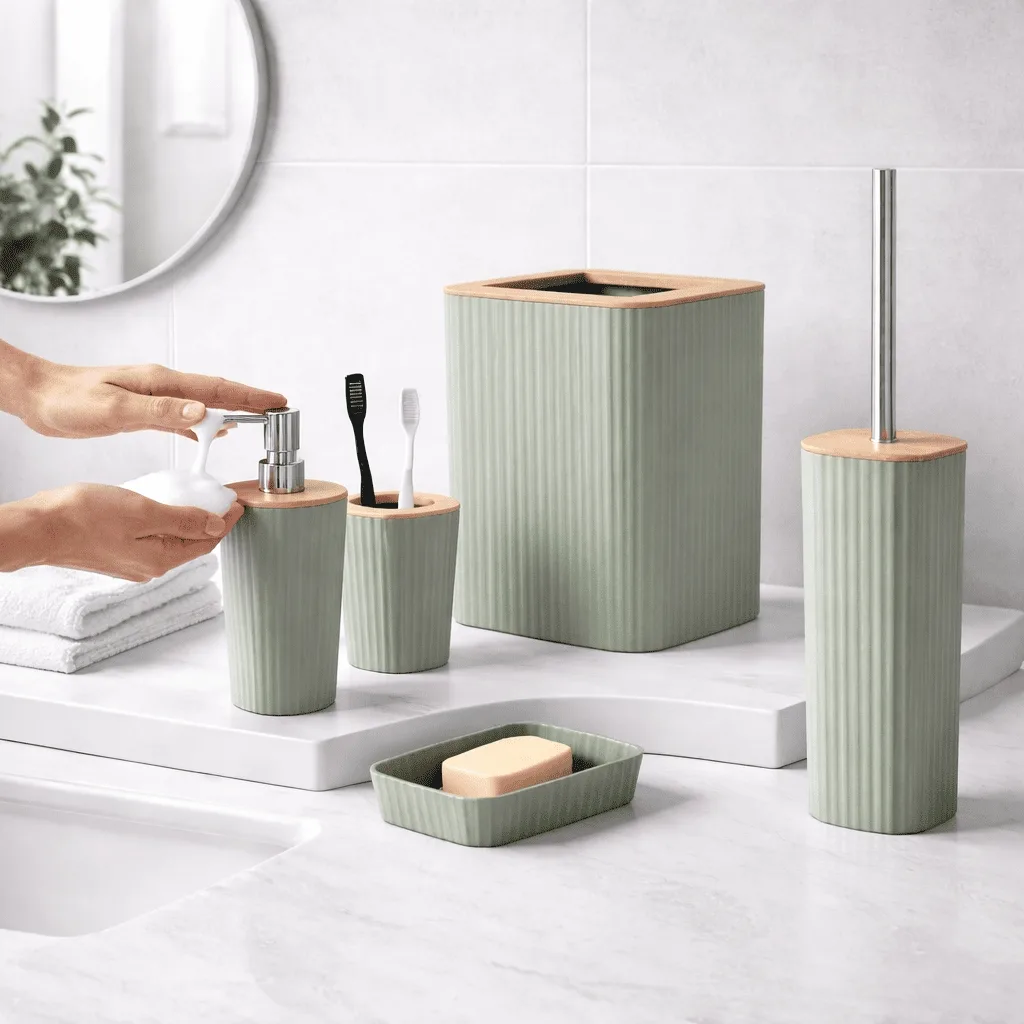 Set Accessori Bagno 5 Pezzi in Plastica e Bambù, Verde, Moderno, Include Dispenser Sapone, Portascopino e Pattumiera 5L - immagine 2