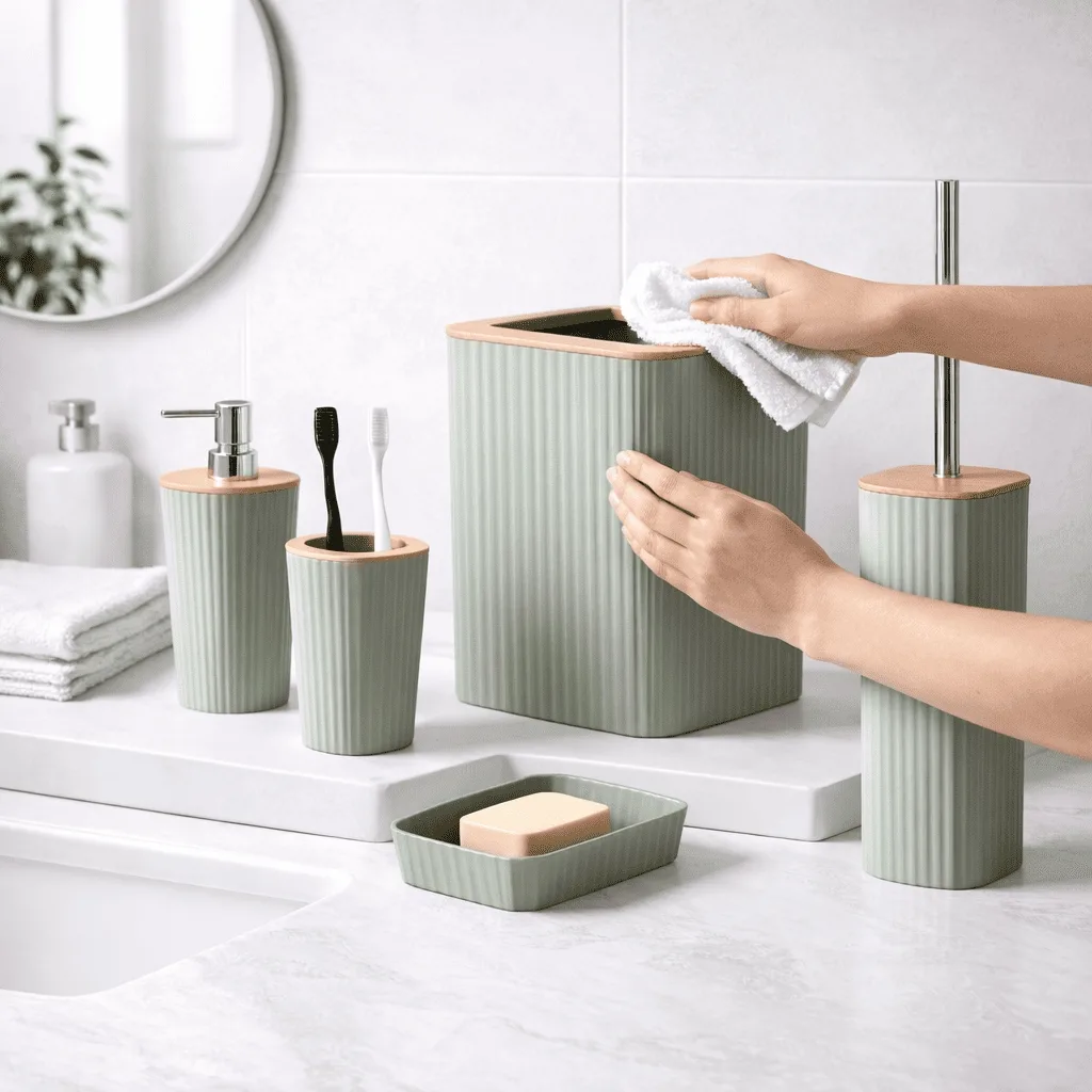 Set Accessori Bagno 5 Pezzi in Plastica e Bambù, Verde, Moderno, Include Dispenser Sapone, Portascopino e Pattumiera 5L - immagine 3