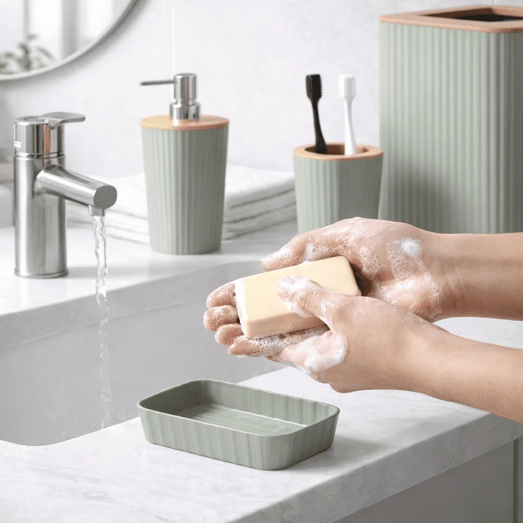 Set Accessori Bagno 5 Pezzi in Plastica e Bambù, Verde, Moderno, Include Dispenser Sapone, Portascopino e Pattumiera 5L - immagine 4