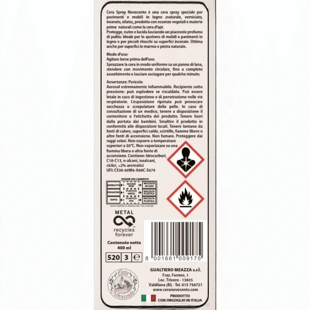 Cera Novecento Spray Lucidante Antipolvere 400 ml – Per Mobili e Pavimenti in Legno, Adatta anche al Marmo - immagine 3