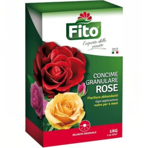 Confezione di concime granulare Fito specifico per rose e arbusti fioriti.