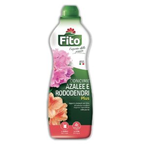 Flacone di concime liquido Fito Plus specifico per azalee, rododendri, ortensie e camelie.