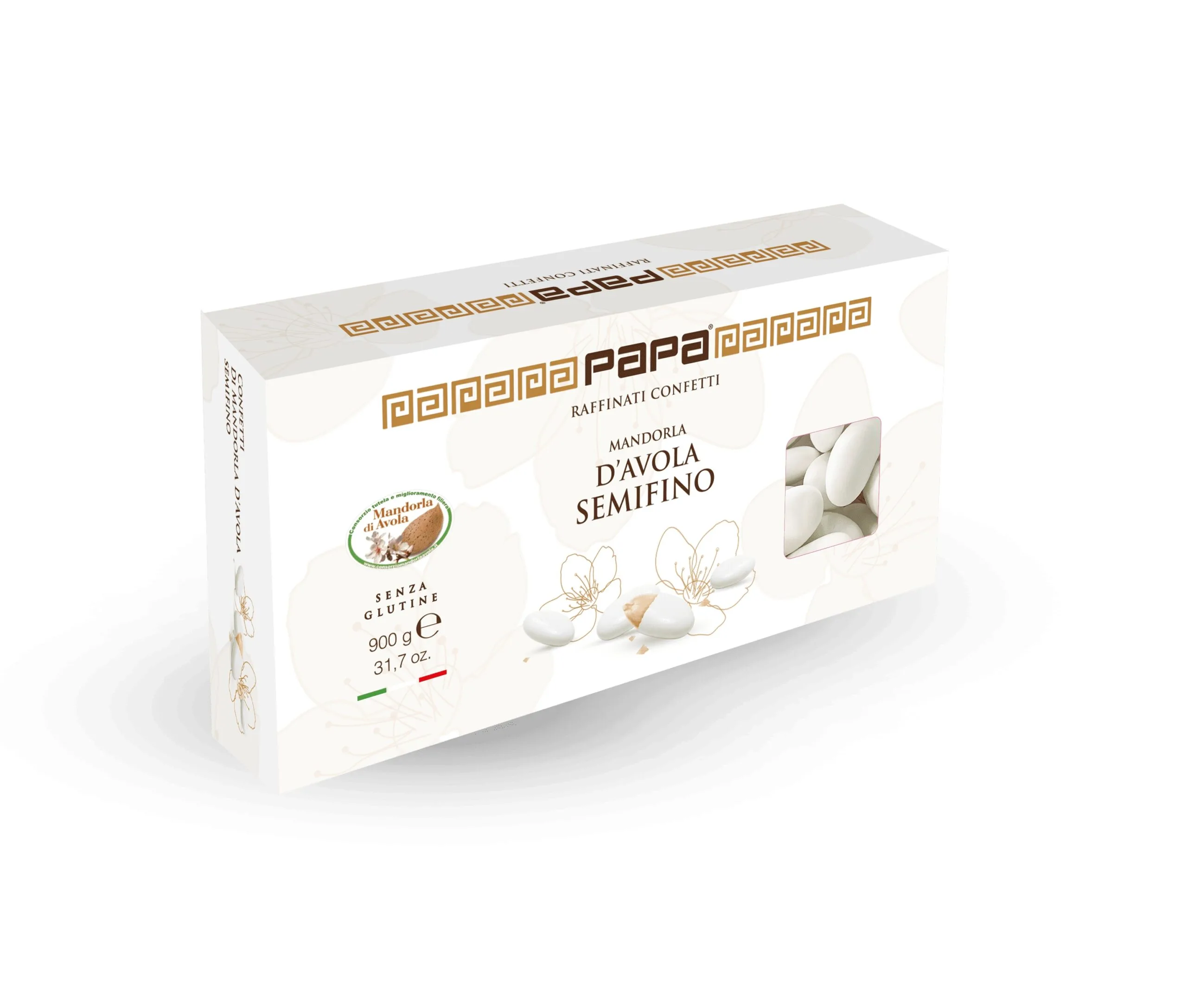 confetti-papa-avola-fino-900g-mandorla-sicilia.jpg Confezione risparmio da 900 g di Confetti Papa Avola Fino, bianchi e senza glutine con mandorla calibro 36/37.