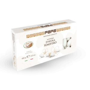 Confezione di Confetti Papa Avola Fino bianchi con mandorla d'Avola pelata di grosso calibro per confettate.