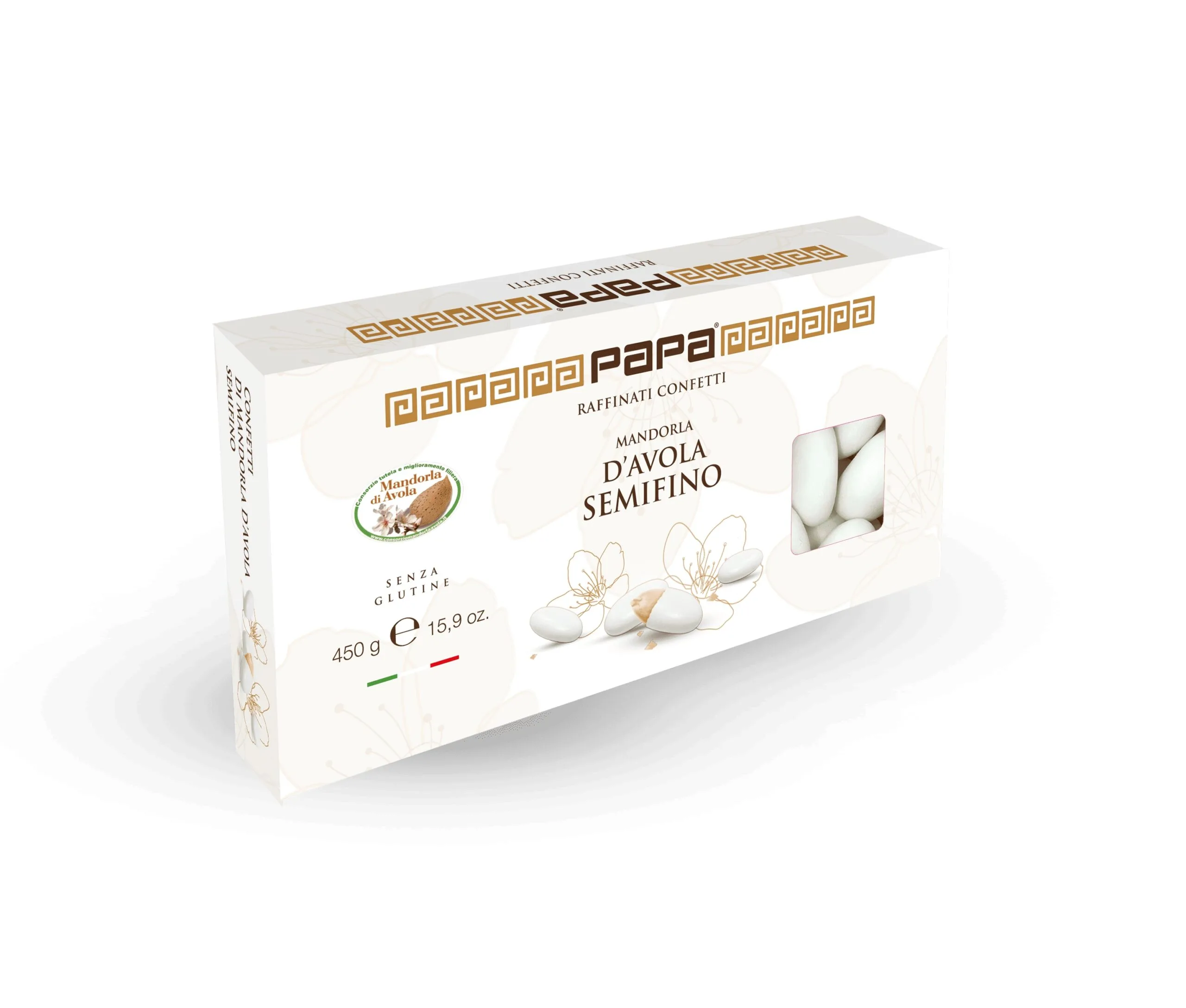 Confezione di Confetti Papa Avola Fino bianchi con mandorla d'Avola pelata di grosso calibro per confettate.
