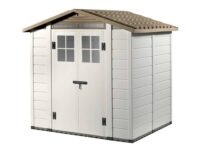 Casetta da giardino Garofalo Tuscany Evo 200 in PVC grigio effetto legno con doppia anta e finestre.