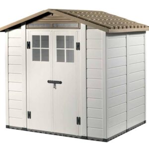 Casetta da giardino Garofalo Tuscany Evo 200 in PVC grigio effetto legno con doppia anta e finestre.