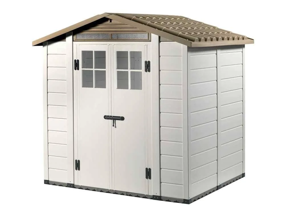 Casetta da giardino Garofalo Tuscany Evo 200 in PVC grigio effetto legno con doppia anta e finestre.