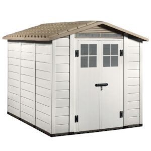 Casetta da giardino Garofalo Tuscany Evo 240 in PVC grigio effetto legno con porta a doppia anta e finestre.