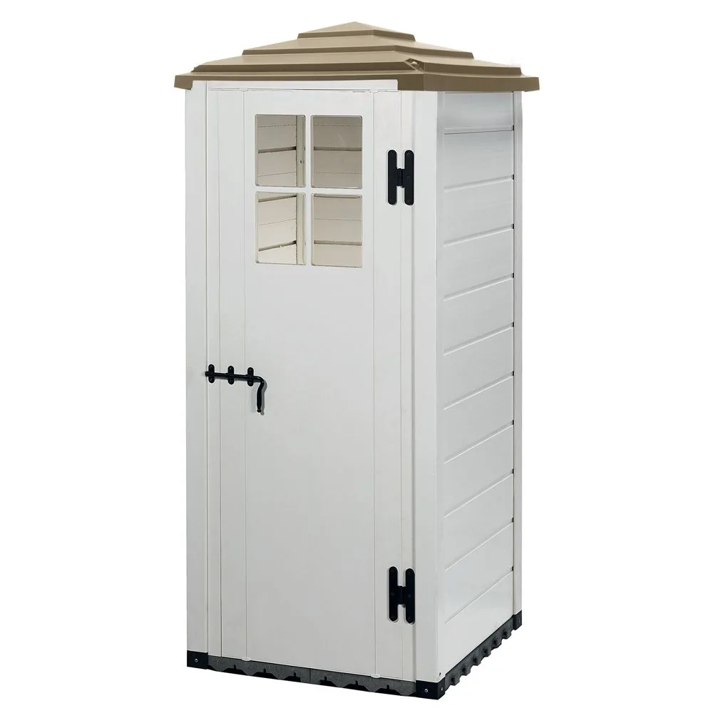 casetta-porta-attrezzi-pvc-garofalo-tuscany-evo-80-pagoda.jpg Casetta porta attrezzi Garofalo Tuscany Evo 80 Pagoda in PVC grigio effetto legno con porta singola e finestra.