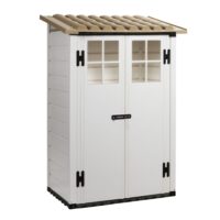 Casetta da giardino Garofalo Tuscany Evo 100 in PVC grigio effetto legno con porta a doppia anta e finestre integrate.