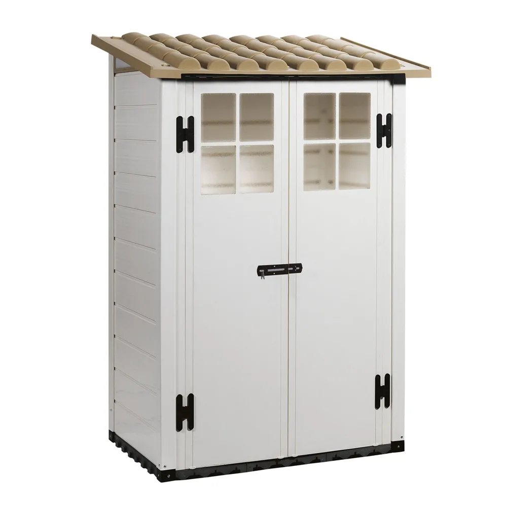 casetta-giardino-pvc-garofalo-tuscany-evo-100-doppia-anta.jpg Casetta da giardino Garofalo Tuscany Evo 100 in PVC grigio effetto legno con porta a doppia anta e finestre integrate.