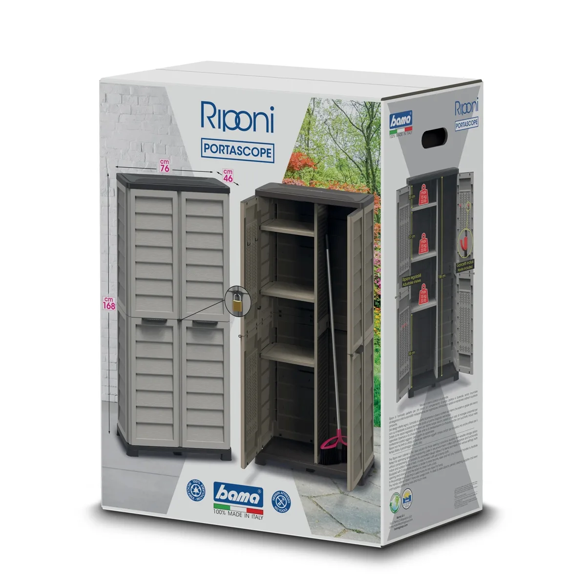 Bama Armadio Portascope Riponi in Resina ad Alta Densità 76x46x168 cm Sabbia/Grafite - immagine 5