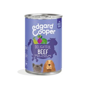 Confezione da 6 lattine di cibo umido per cani Edgard & Cooper al manzo fresco e verdure, senza cereali.