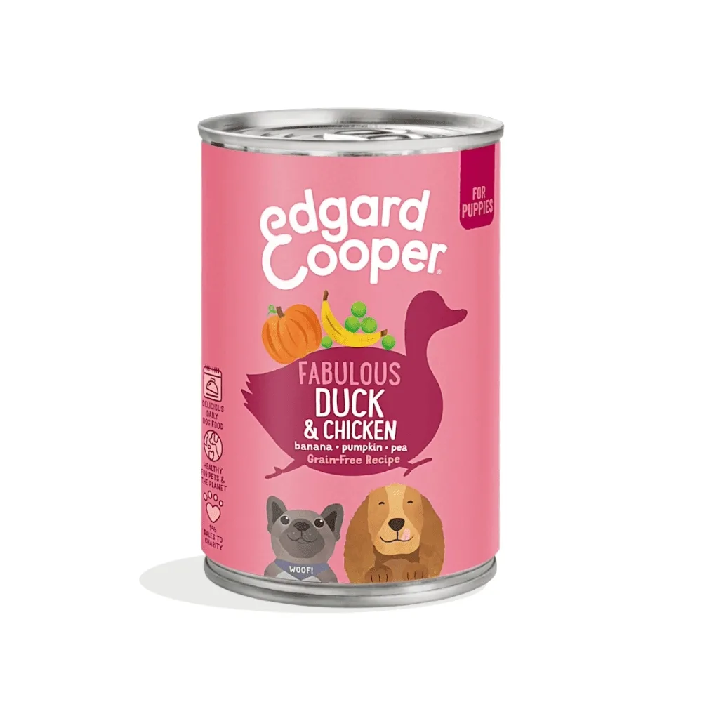 edgard-cooper-umido-cuccioli-puppy-anatra-pollo-6x400g.jpg Confezione Multipack 6 lattine Edgard & Cooper Puppy all'anatra e pollo fresco con broccoli, zucca e mela per cuccioli.
