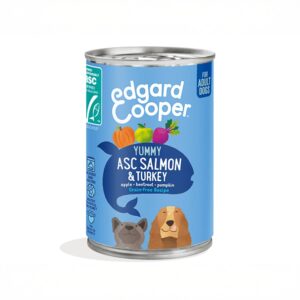 Confezione Multipack 6 lattine da 400g Edgard & Cooper al salmone e tacchino fresco con spinaci e mela, senza cereali.