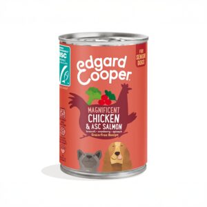 Confezione Multipack 6 lattine Edgard & Cooper Senior al salmone e pollo fresco con maca e mirtilli per cani anziani.