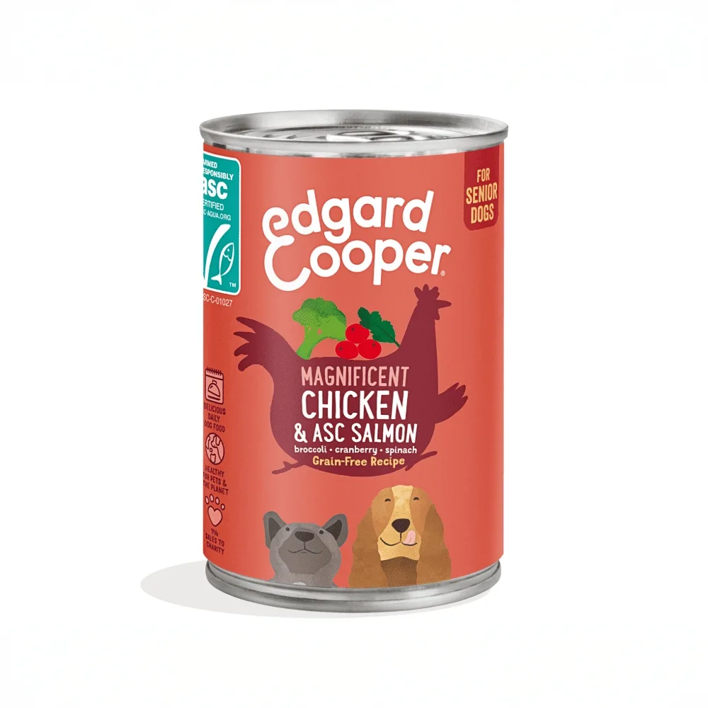 edgard-cooper-umido-cani-senior-salmone-pollo-6x400g.jpg Confezione Multipack 6 lattine Edgard & Cooper Senior al salmone e pollo fresco con maca e mirtilli per cani anziani.