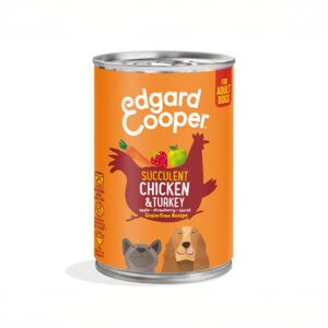 Confezione Multipack 6 lattine Edgard & Cooper da 400g al pollo e tacchino fresco con mela, carote e salvia per cani adulti.