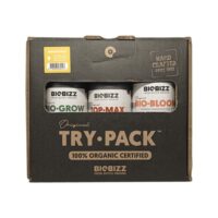 Confezione BioBizz Try-Pack Indoor contenente Bio-Grow, Bio-Bloom e Top-Max in flaconi da 250ml.