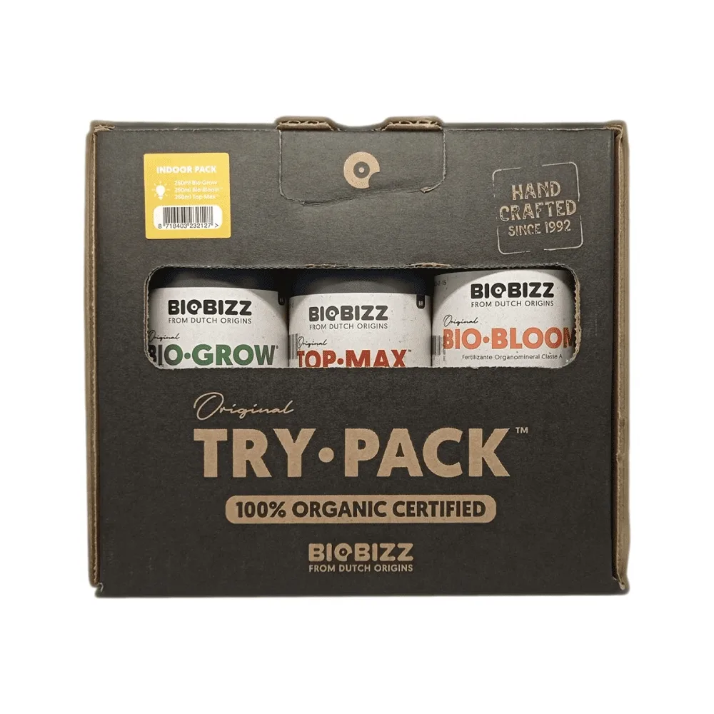 Confezione BioBizz Try-Pack Indoor contenente Bio-Grow, Bio-Bloom e Top-Max in flaconi da 250ml.