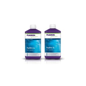 Coppia di flaconi Plagron Hydro A e Hydro B da 1 litro ciascuno, fertilizzanti minerali per sistemi idroponici.