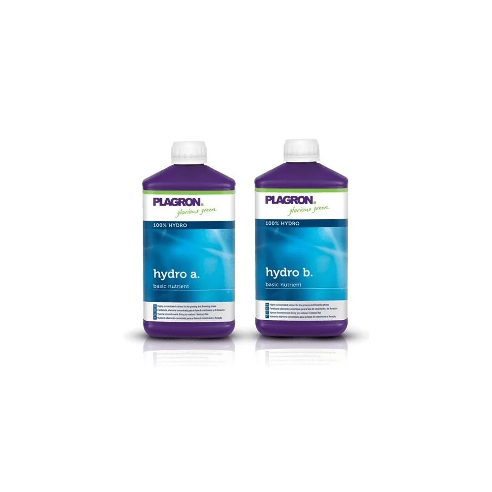 plagron-hydro-a-b-fertilizzante-idroponico-1-litro.jpg Coppia di flaconi Plagron Hydro A e Hydro B da 1 litro ciascuno, fertilizzanti minerali per sistemi idroponici.