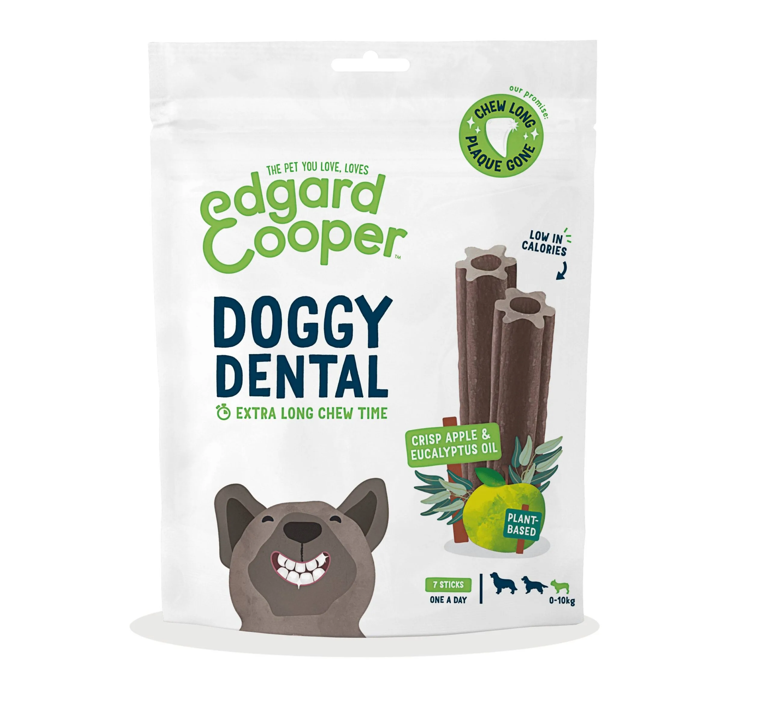 Confezione multipack da 8 buste di stick dentali Edgard & Cooper per cani piccoli, gusto mela ed eucalipto.