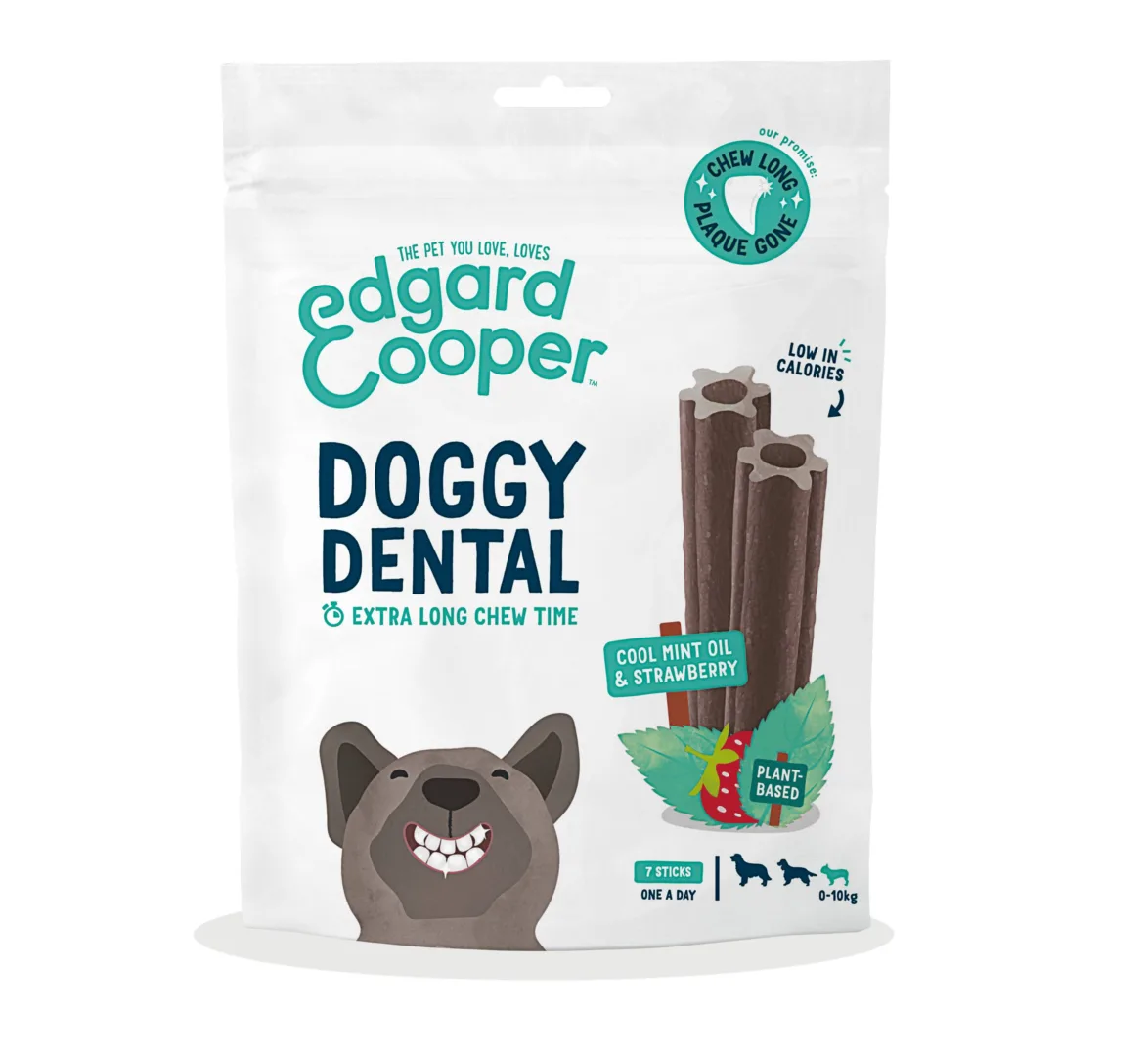 Confezione multipack da 8 buste di stick dentali Edgard & Cooper per cani piccoli, gusto mela ed eucalipto.