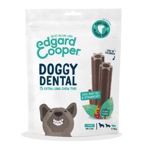 Confezione multipack da 8 buste di stick dentali Edgard & Cooper per cani piccoli, gusto mela ed eucalipto.