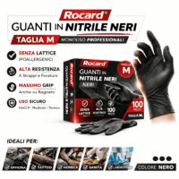 Confezione dispenser da 100 guanti in nitrile nero taglia M, finitura microrugosa per grip superiore.