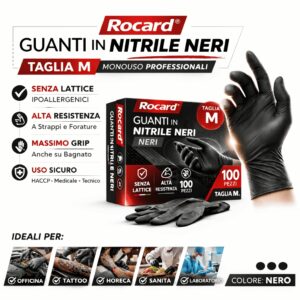 Confezione dispenser da 100 guanti in nitrile nero taglia M, finitura microrugosa per grip superiore.