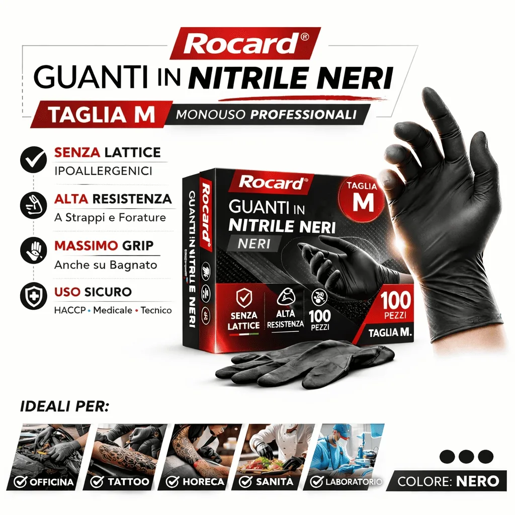 Confezione dispenser da 100 guanti in nitrile nero taglia M, finitura microrugosa per grip superiore.