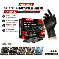 Confezione dispenser da 100 guanti in nitrile nero taglia L, perfetti per mani grandi, alta resistenza.