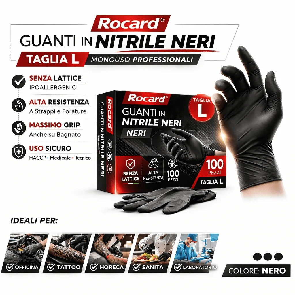 Confezione dispenser da 100 guanti in nitrile nero taglia L, perfetti per mani grandi, alta resistenza.