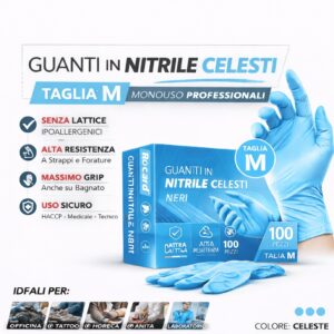 Confezione dispenser Rocard® da 100 guanti in nitrile blu taglia M, alta resistenza e sensibilità tattile.