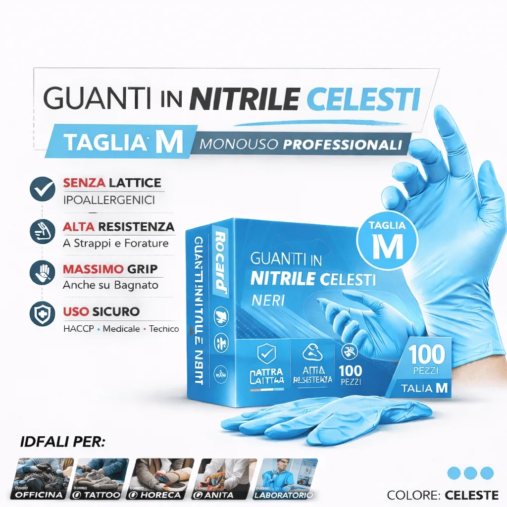 guanti-nitrile-rocard-taglia-m-monouso-100-pezzi.jpg Confezione dispenser Rocard® da 100 guanti in nitrile blu taglia M, alta resistenza e sensibilità tattile.
