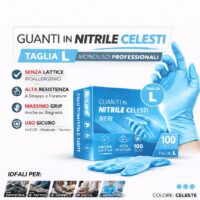 Confezione dispenser da 100 guanti in nitrile blu taglia L, resistenti e senza polvere.
