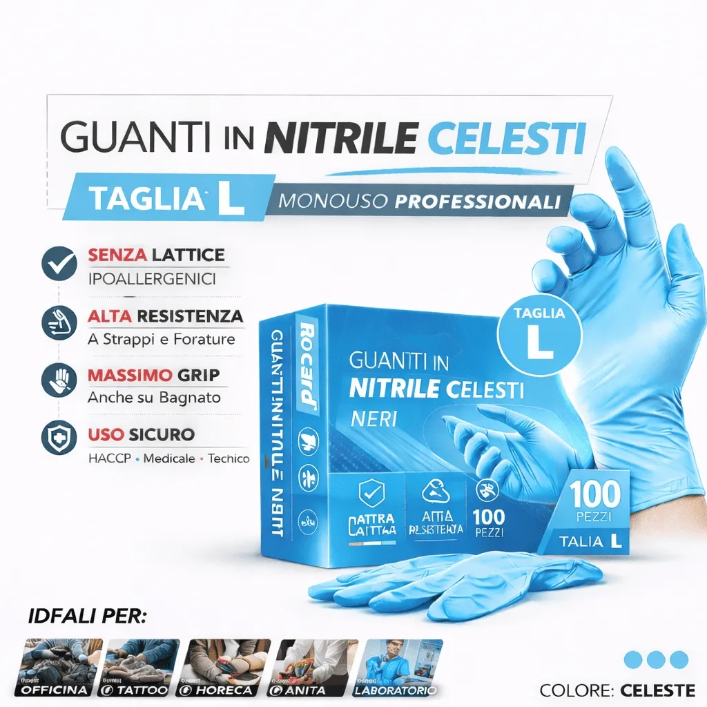 guanti-nitrile-monouso-taglia-L-senza-lattice-100-pezzi.jpg Confezione dispenser da 100 guanti in nitrile blu taglia L, resistenti e senza polvere.